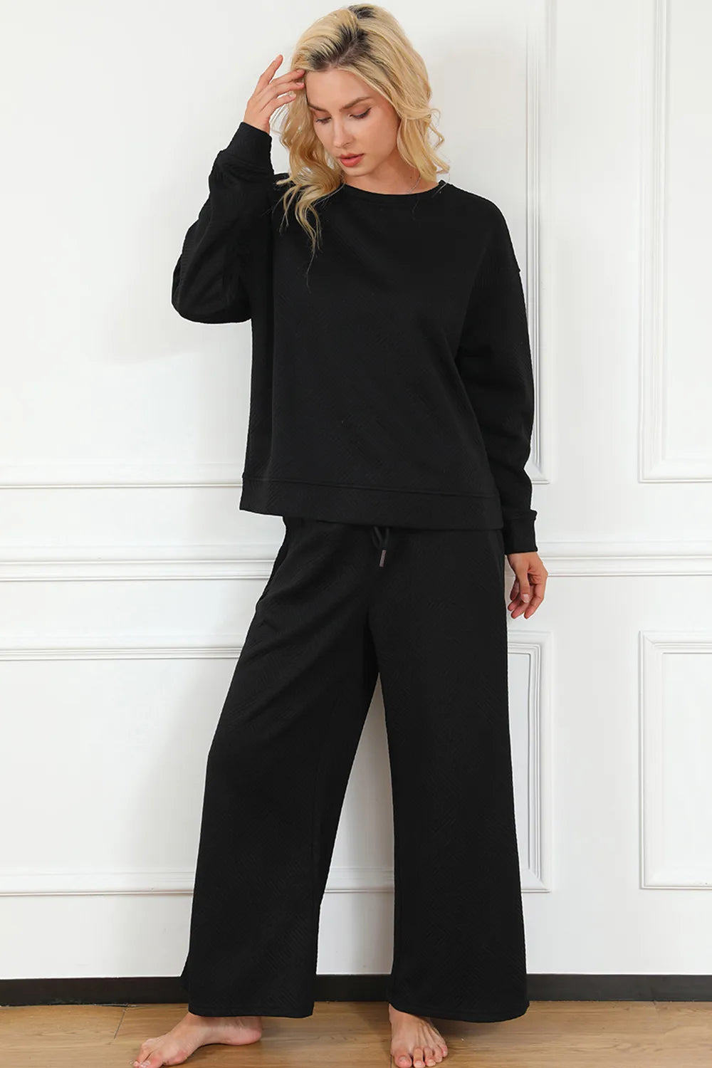 Double Take Full Size Textured Long Sleeve Top and Drawstring Pants Set - kinko