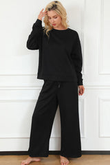 Double Take Full Size Textured Long Sleeve Top and Drawstring Pants Set - kinko