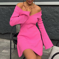 Sexy Slim V-Neck Long Sleeve Knitted Dress Fashion Tight High Elastic Ruffle A-Line Short Dresses Y2K Skirt Womens Clothing - kinko