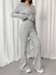 Solid Color Knitted Two-piece Women's V-neck Short Knitted Cardigan Bootcut Trousers Versatile Casual Women's Clothing - kinko