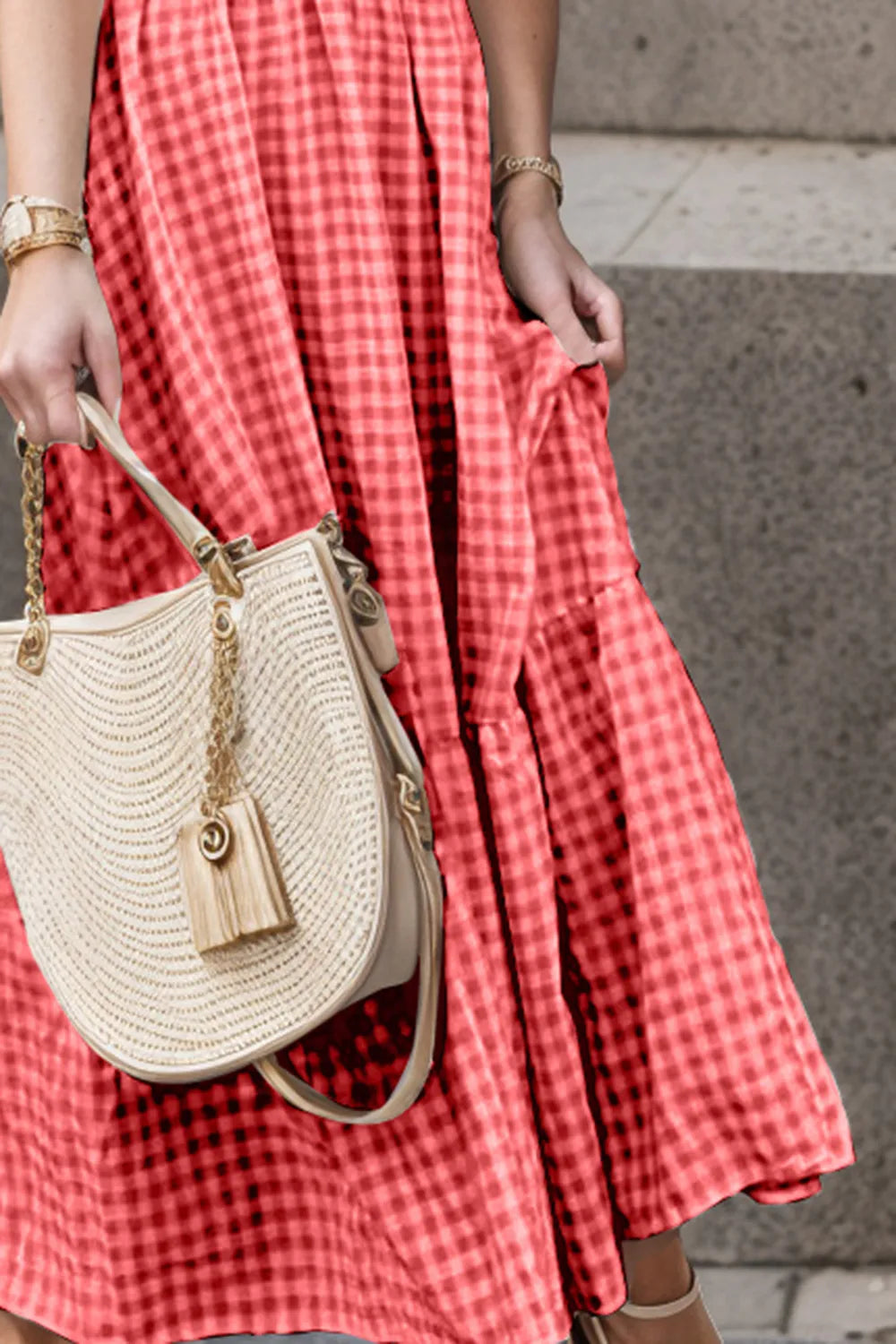 Full Size Smocked Ruffled Plaid Ruffle Hem Dress - kinko