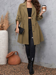 Honey Plus Size Lapel Collar Drawstring Roll-Tab Sleeve Trench Coat - kinko