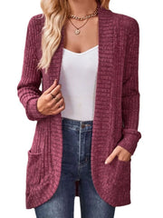 Ribbed Knit Open Front Cardigan with Pockets - kinko