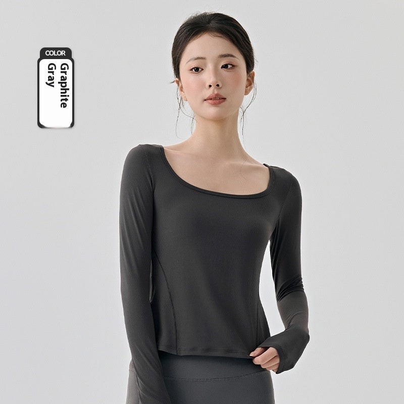 Nude Feel High Elastic Long Sleeve Yoga Wear Top Slim Fit Slim And Sexy Big Neckline - kinko
