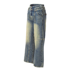 Retro Worn Looking Washed-out Jeans Deconstructed Stitching Design Loose All-match - kinko