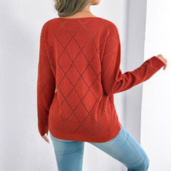 Solid Color And V-neck Sexy Cutout Plaid Long-sleeved Sweater Sweater - kinko