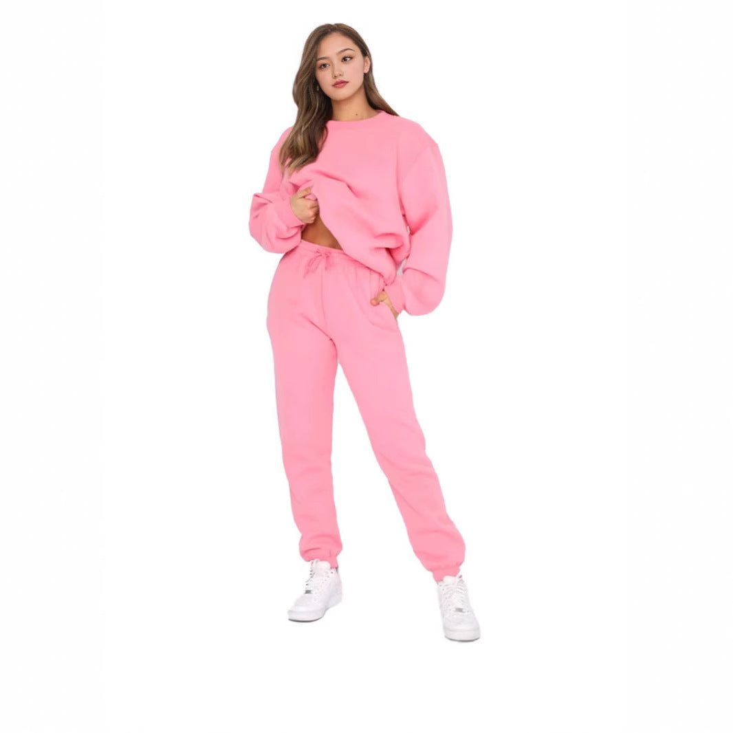 Crew Neck Pullover Sweatshirt Fleece-lined Fashion Casual Sweater Sweatpants Two-piece Set - kinko