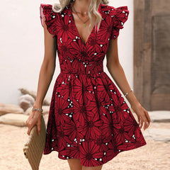 New Flowers Print Ruffled Sleeveless Dress Summer Sexy Deep V-neck Slim-waist Short Dresses For Womens Clothing - kinko
