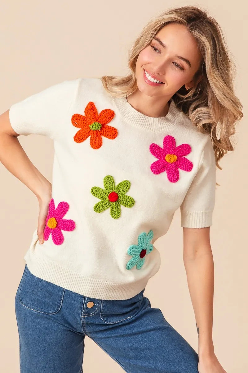 BiBi Crochet Flower Patch Sweater Top - kinko