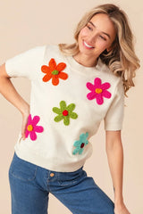 BiBi Crochet Flower Patch Sweater Top - kinko