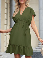 Womens Summer Dresses Short Sleeve V Neck Drawstring Casual Flowy Ruffle A-Line Swing Mini Babydoll Tunic Dress - kinko