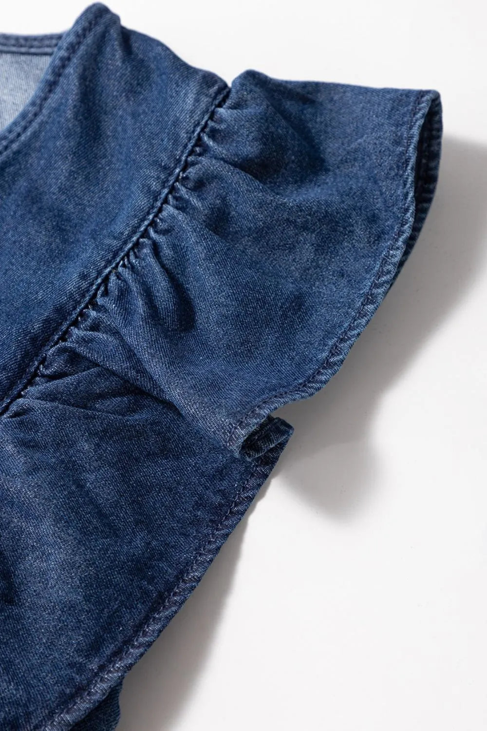 Denim Ruffled Zipped Front Belted Romper - kinko