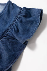 Denim Ruffled Zipped Front Belted Romper - kinko