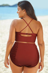Full Size Halter Neck Crisscross Ruched Two-Piece Swimsuit - kinko