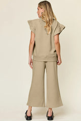 Double Take Texture Ruffle Short Sleeve Top and Drawstring Wide Leg Pants Set - kinko