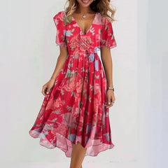 Chiffon Printed Short Sleeve Dress Summer Elegant V-neck Dresses Womens Clothing - kinko