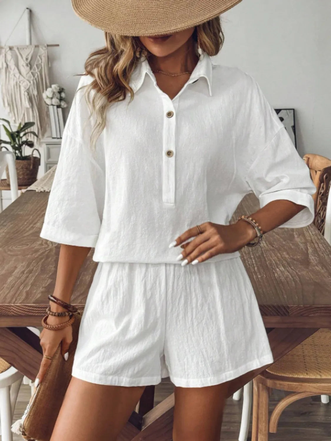 Collared Neck Half Sleeve Top and Shorts Set - kinko