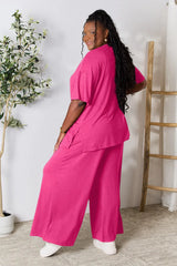Double Take Full Size Round Neck Slit Top and Pants Set - kinko