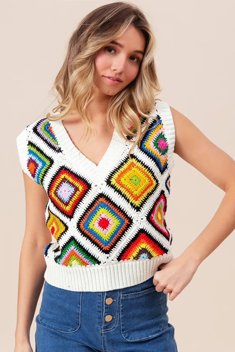 BiBi Diamond Granny Square Sweater Vest - kinko
