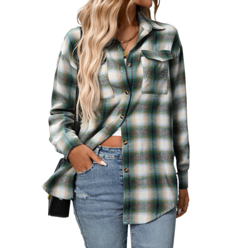 Casual Fashion Loose Plaid Pocket Shirt For Women - kinko