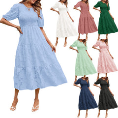 Women's Summer Casual Lace Dress Floral Ruffle Puff Short Sleeve High Waist Midi Beach Dresses - kinko