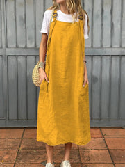 Summer Women's Adjustable Shoulder Strap Casual Cotton And Linen Dress - kinko