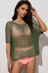 Openwork Round Neck Half Sleeve Knit Cover Up - kinko