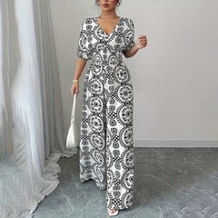 Womens Jumpsuits Short Sleeve V Neck Smocked Dressy Casual Wide Leg Pants Romper 2025 Summer One Piece Outfits - kinko