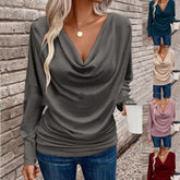 Women's V-neck Pile Collar Solid Color Knitted Long Sleeve Loose T-shirt - kinko