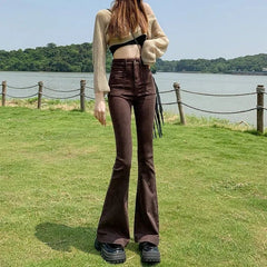 Stretchy High Waist Slimming Design Sense High Street Bell-bottom Pants Tide - kinko