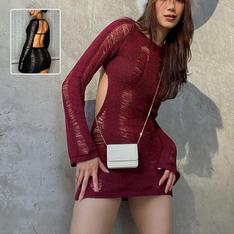 Fashion Slim Fit Hollow Long Sleeve Dress Y2K Sexy Backless Hip-hugging Short Dresses Womens Clothing - kinko