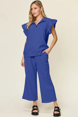 Double Take Texture Ruffle Short Sleeve Top and Drawstring Wide Leg Pants Set - kinko