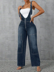 Zip Front Wide Strap Denim Overalls - kinko