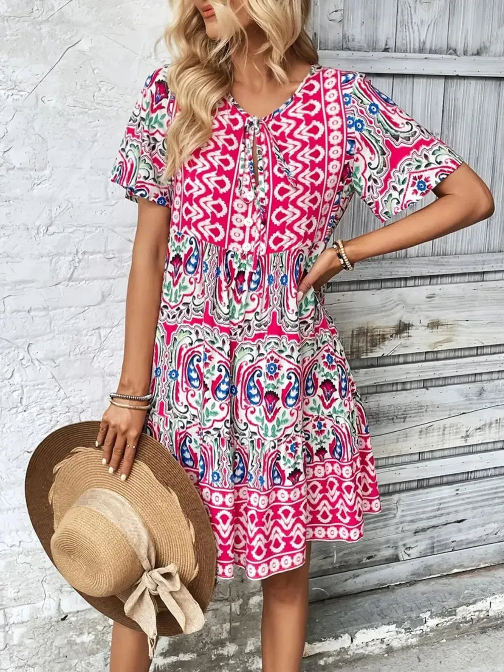 Printed Tie Neck Short Sleeve Dress - kinko