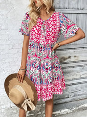 Printed Tie Neck Short Sleeve Dress - kinko