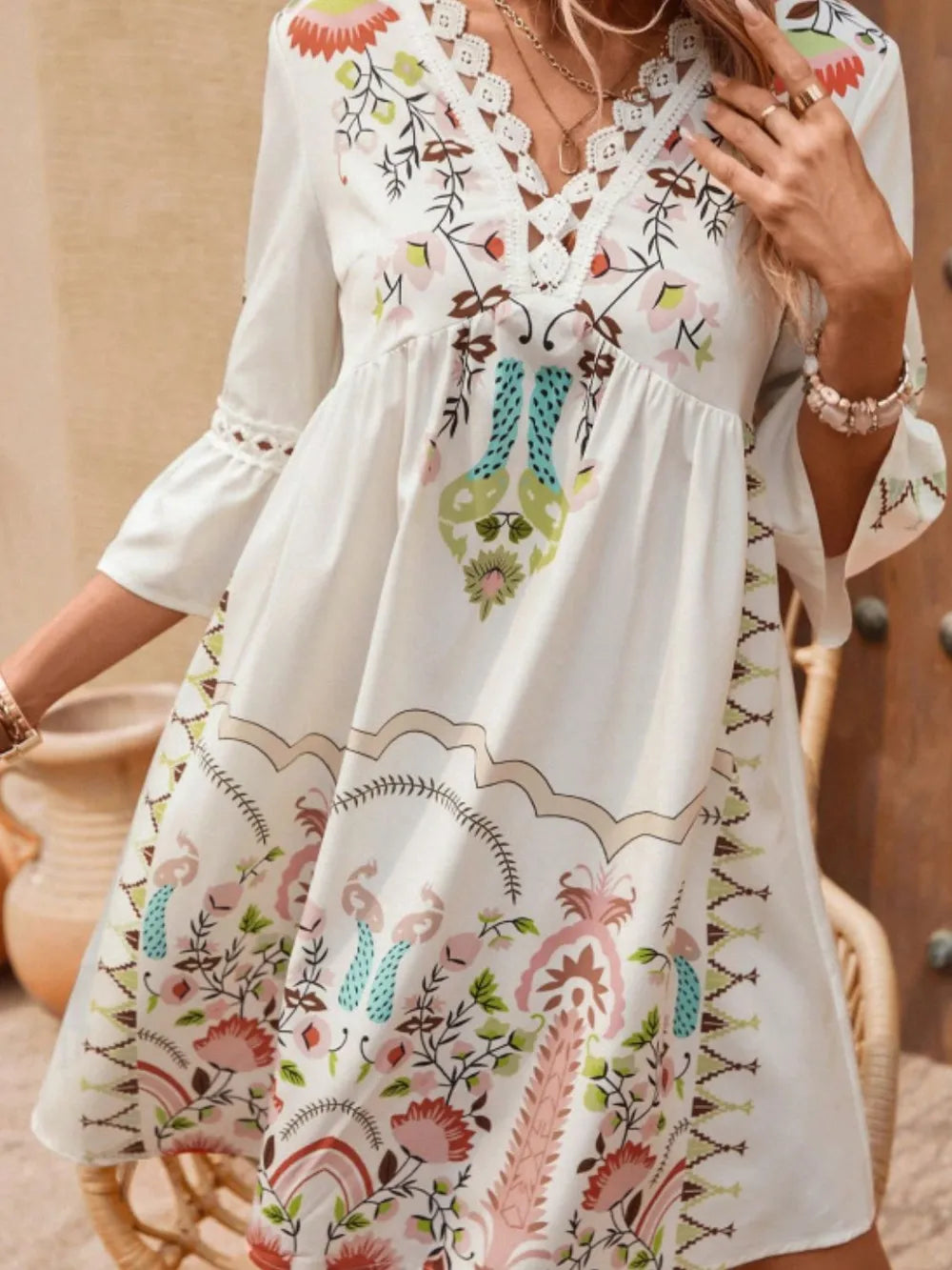 Lace Detail Printed Three-Quarter Sleeve Dress - kinko