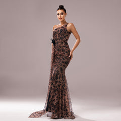 One-shoulder Diagonal Collar Leopard Sequined Evening Dress - kinko