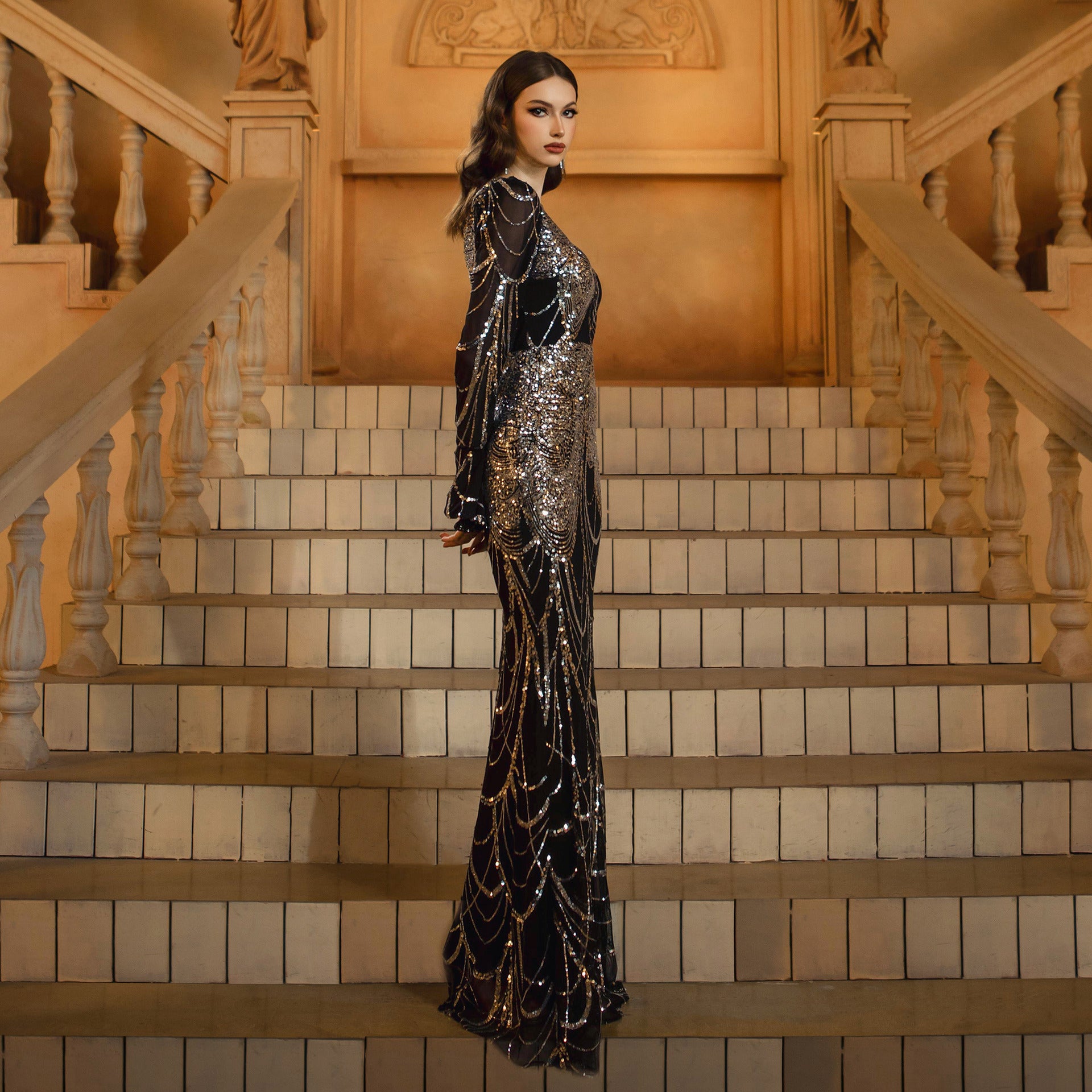 Long Sleeve Round Neck Slim-fit Sheath Sequined Banquet Fishtail Evening Dress - kinko