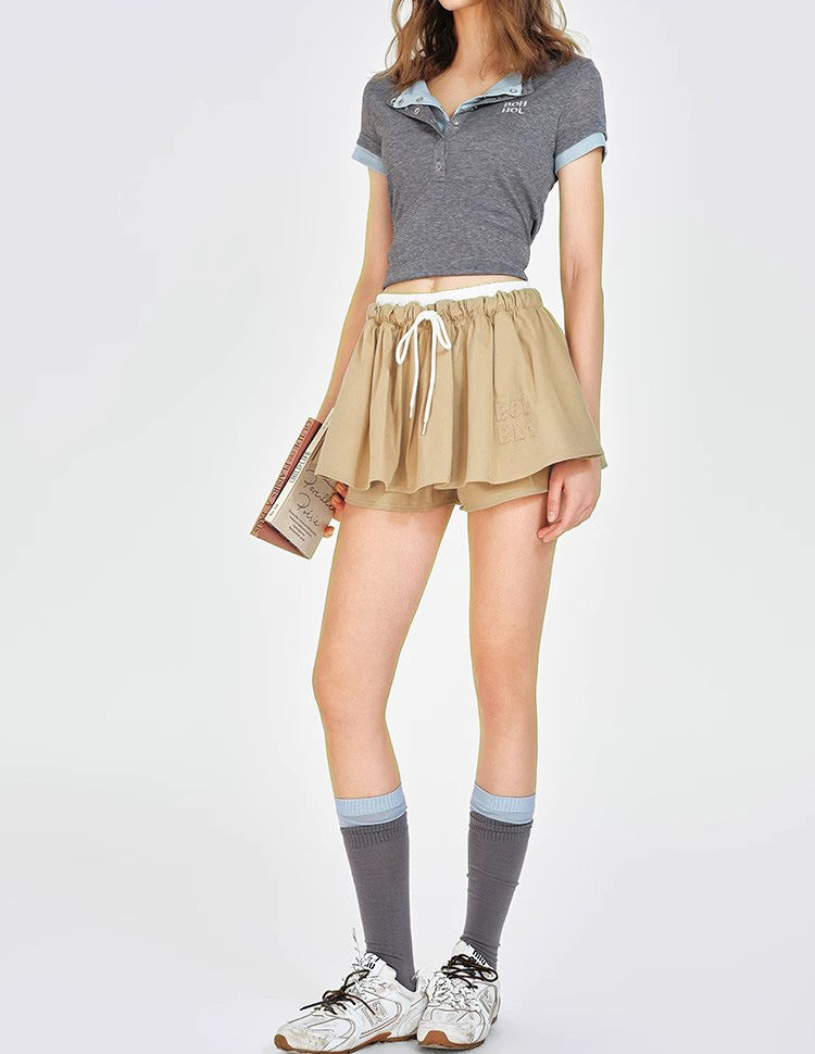 Wear Khaki Low Waist Drawstring Lace Puff Short Skirt - kinko