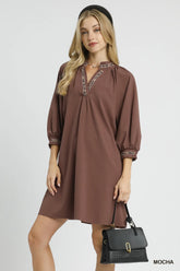 Umgee Notched Shift Dress with Trim Detail - kinko