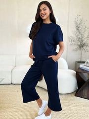 Double Take Full Size Texture Short Sleeve Top and Pants Set - kinko