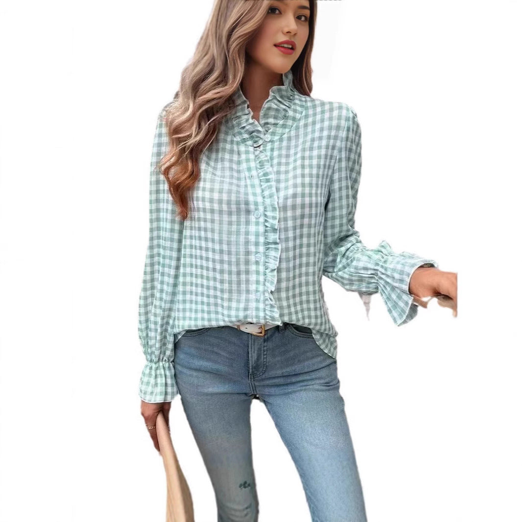 Women's French-style Plaid Shirt With Wooden Ears - kinko