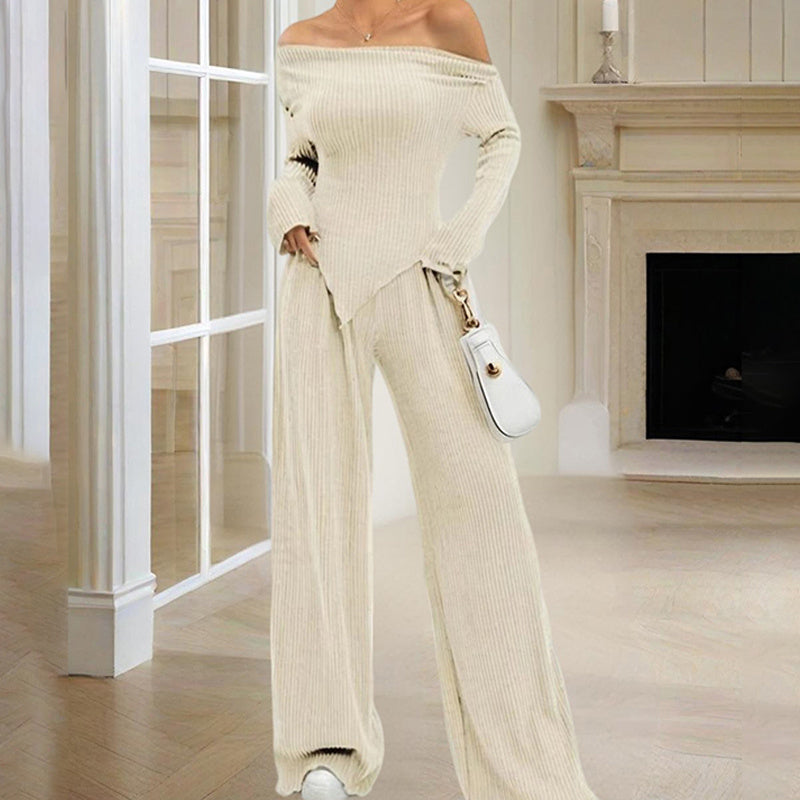 Women's Solid Color Off-Shoulder Long Sleeve Top & Pants Set - Elegant Asymmetrical Hem & Ruffes Cuff Casual Outfit - kinko