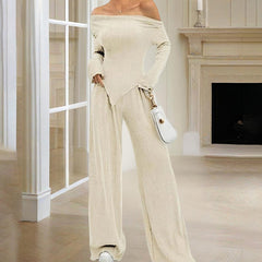 Women's Solid Color Off-Shoulder Long Sleeve Top & Pants Set - Elegant Asymmetrical Hem & Ruffes Cuff Casual Outfit - kinko