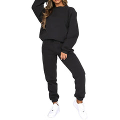 Crew Neck Pullover Sweatshirt Fleece-lined Fashion Casual Sweater Sweatpants Two-piece Set - kinko