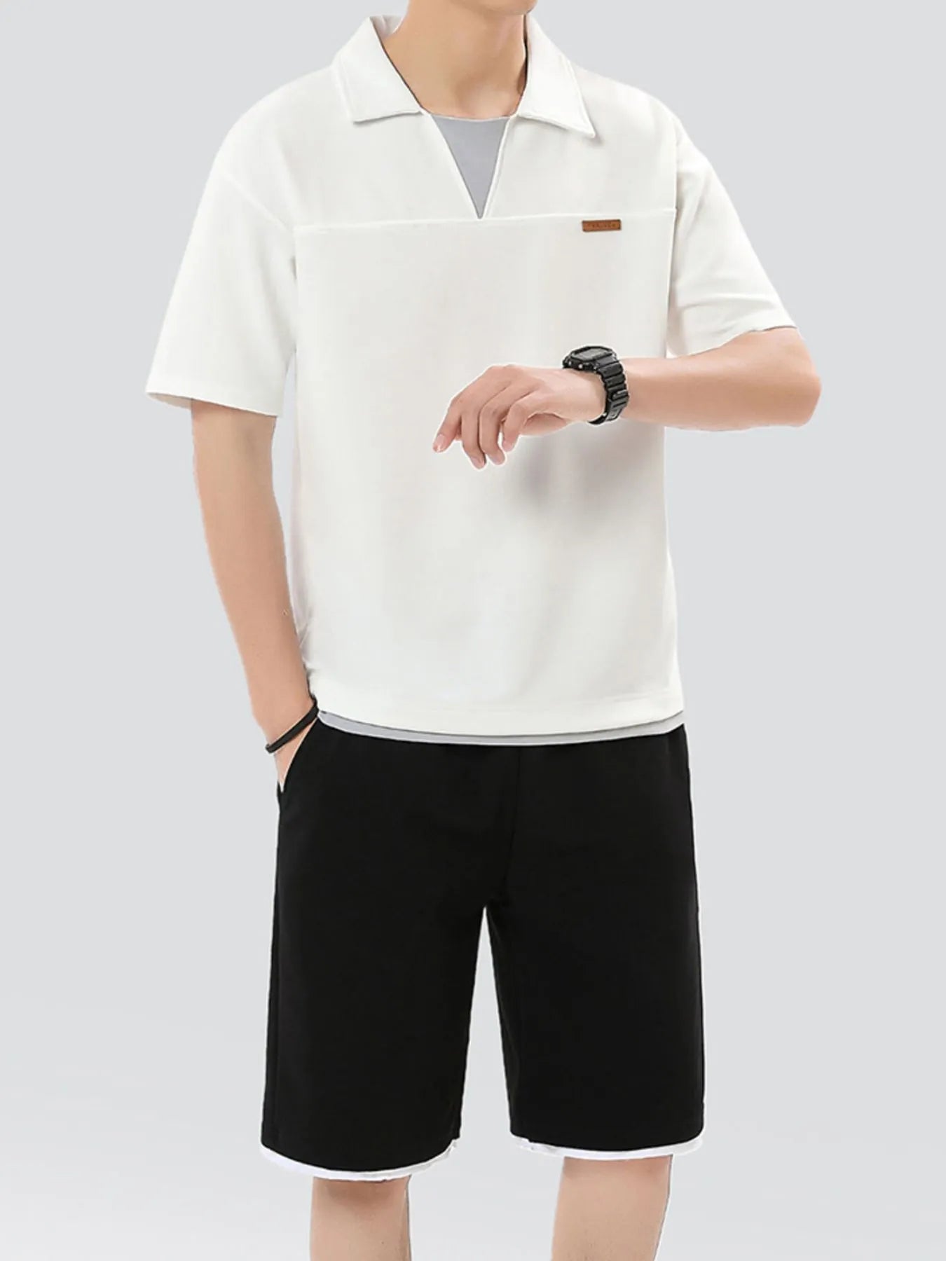 Men's Plus Size Johnny Collar Top and Shorts Set - kinko