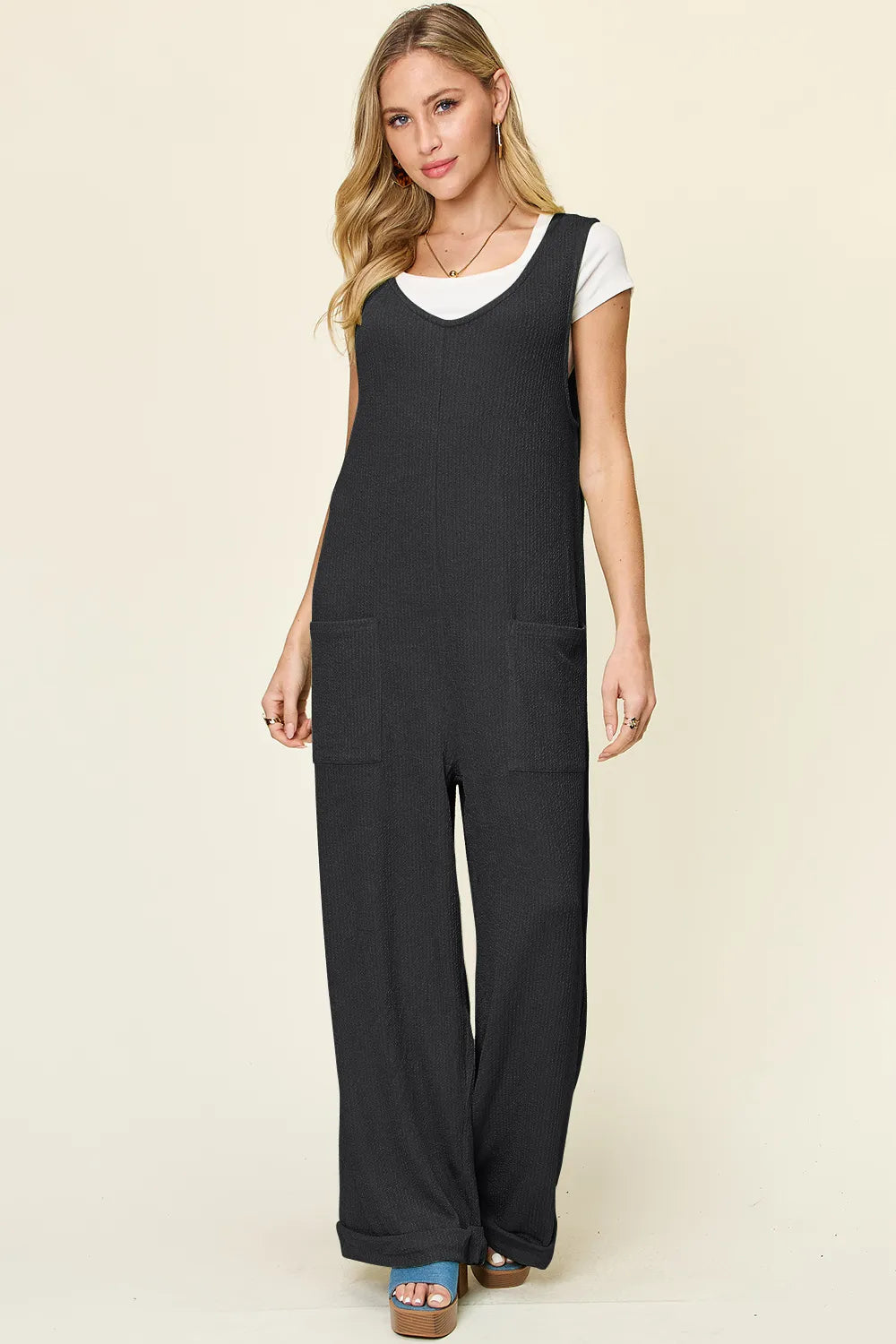 Double Take Full Size Texture Sleeveless Wide Leg Jumpsuit - kinko