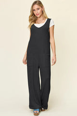 Double Take Full Size Texture Sleeveless Wide Leg Jumpsuit - kinko