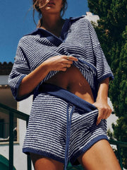 Collared Neck Contrast Striped Top and Shorts Sweater Set - kinko