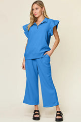 Double Take Texture Ruffle Short Sleeve Top and Drawstring Wide Leg Pants Set - kinko